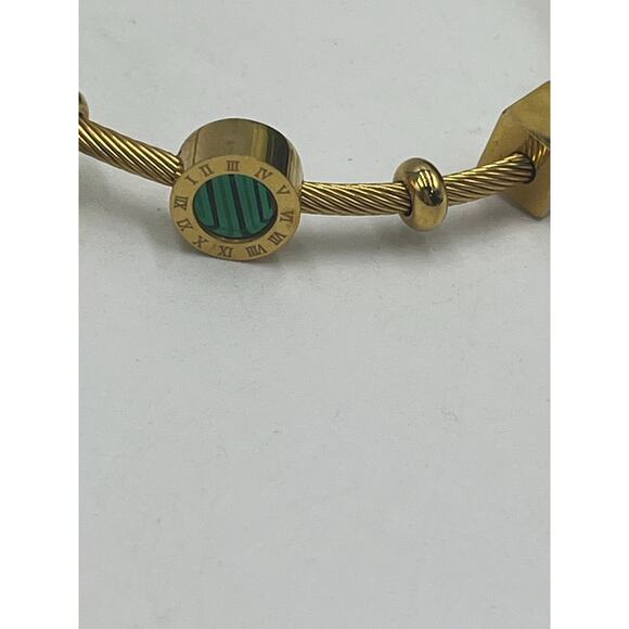 Roman Numeral Geometric Green Charms Gold Tone Stainless Steel Bangle Bracelet - Picture 7 of 10